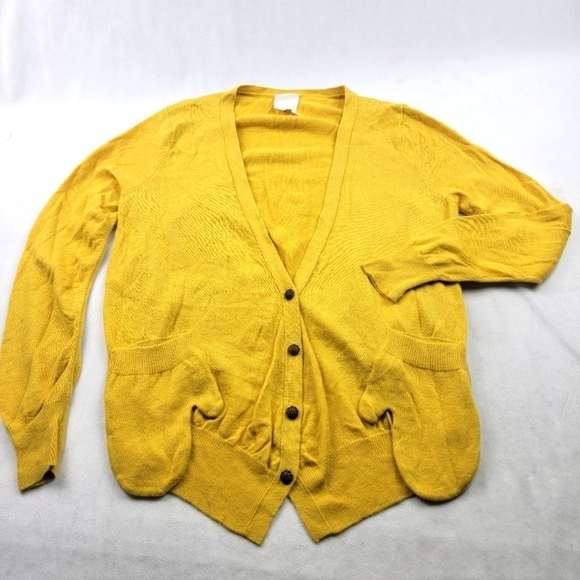 O'md wool blend yellow mitten pocket vintage button crop back cardigan - Picture 1 of 7
